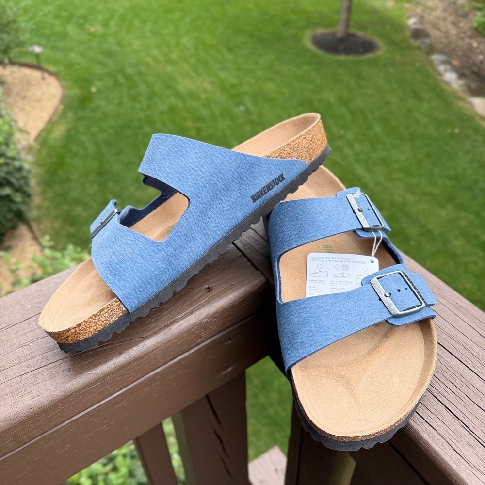 Birkenstock Arizona Vegan Sandals Men 46 Blue New Two Strap Birko-Flor 7953064